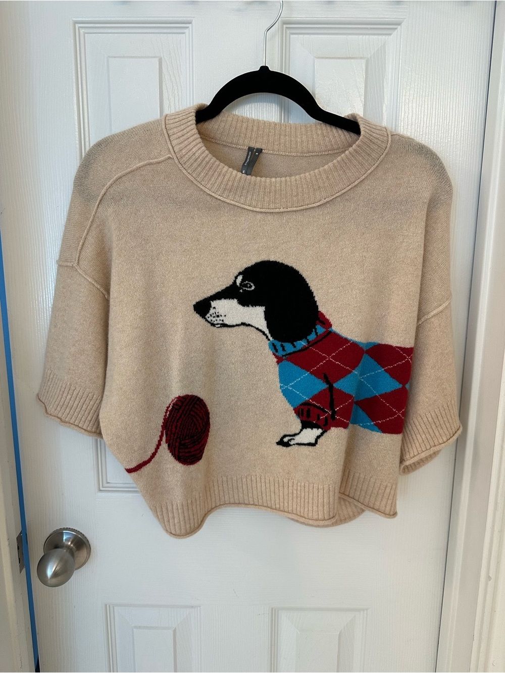 Anthropologie Beige Dog Sweater with Red & Blue Argyle XS